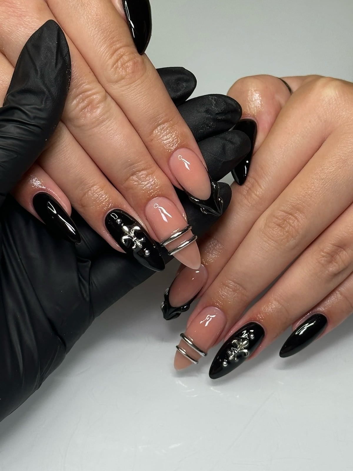 Sheer Pink with Glossy Black French Dots — Trendy Dark Nails