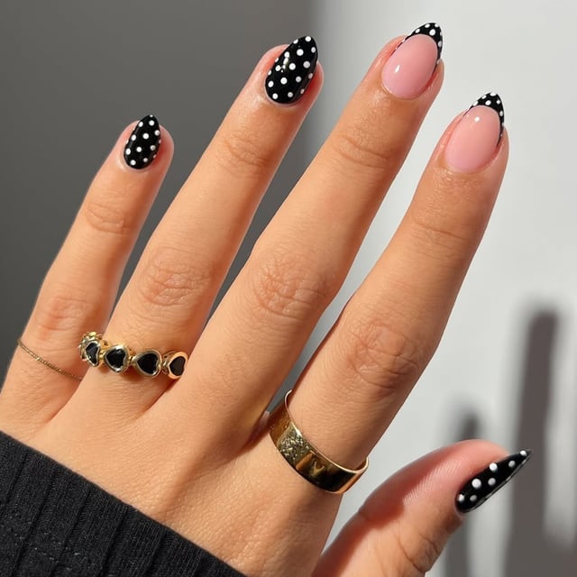 Medium Almond Black French Tips with White Polka Dots — Trendy Dark Nails
