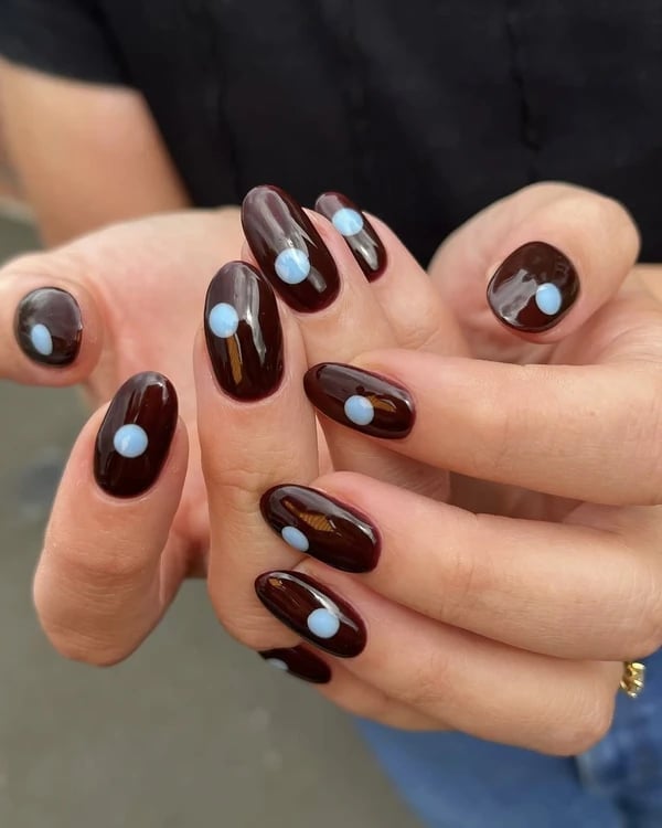 Deep Brown with Light Blue Dot Almond Nails — Trendy Dark Nails