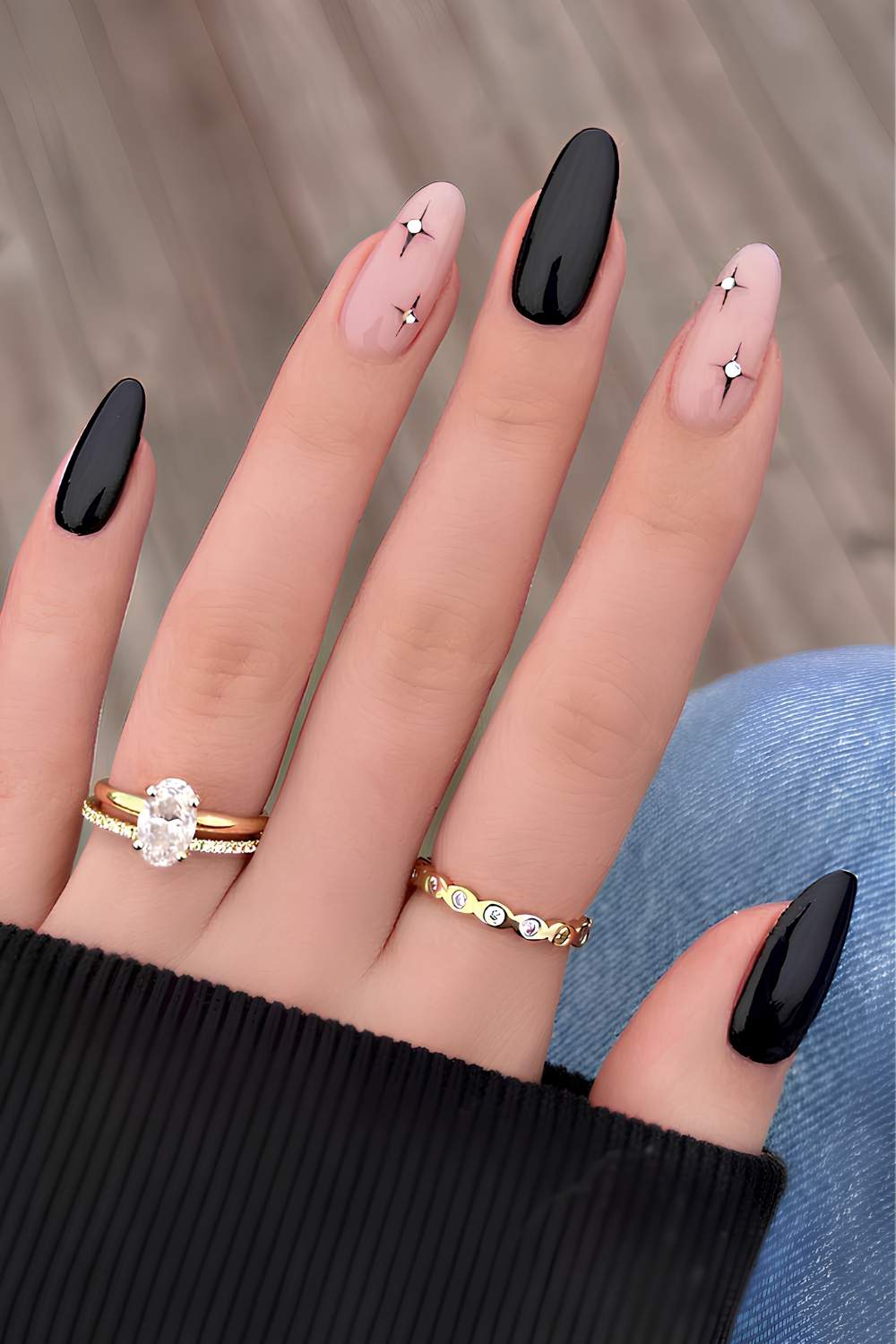 Glossy Black and Nude with Star Rhinestone Almond Nails — Trendy Dark Nails