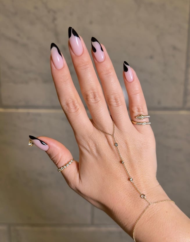 Abstract Black French Tip Stiletto Nails — Trendy Dark Nails