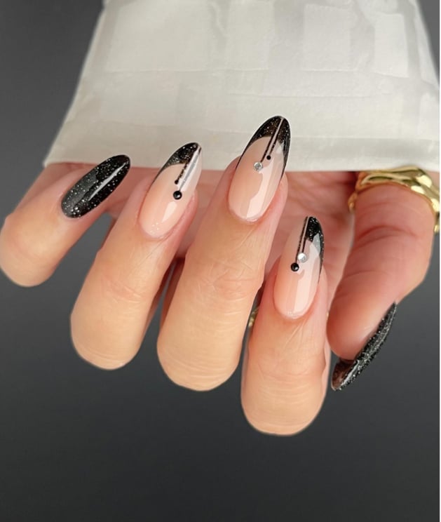 Sheer Nude with Black Glitter Tip Almond Nails — Trendy Dark Nails