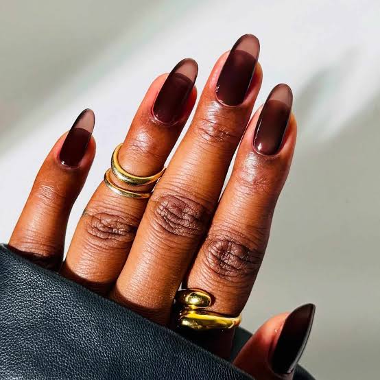 Deep Translucent Brown Jelly Almond Nails — Trendy Dark Nails