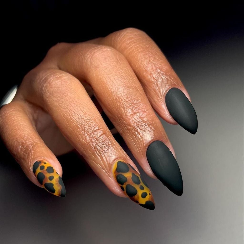 Matte Black with Glossy Tortoiseshell Stiletto Nails — Trendy Dark Nails