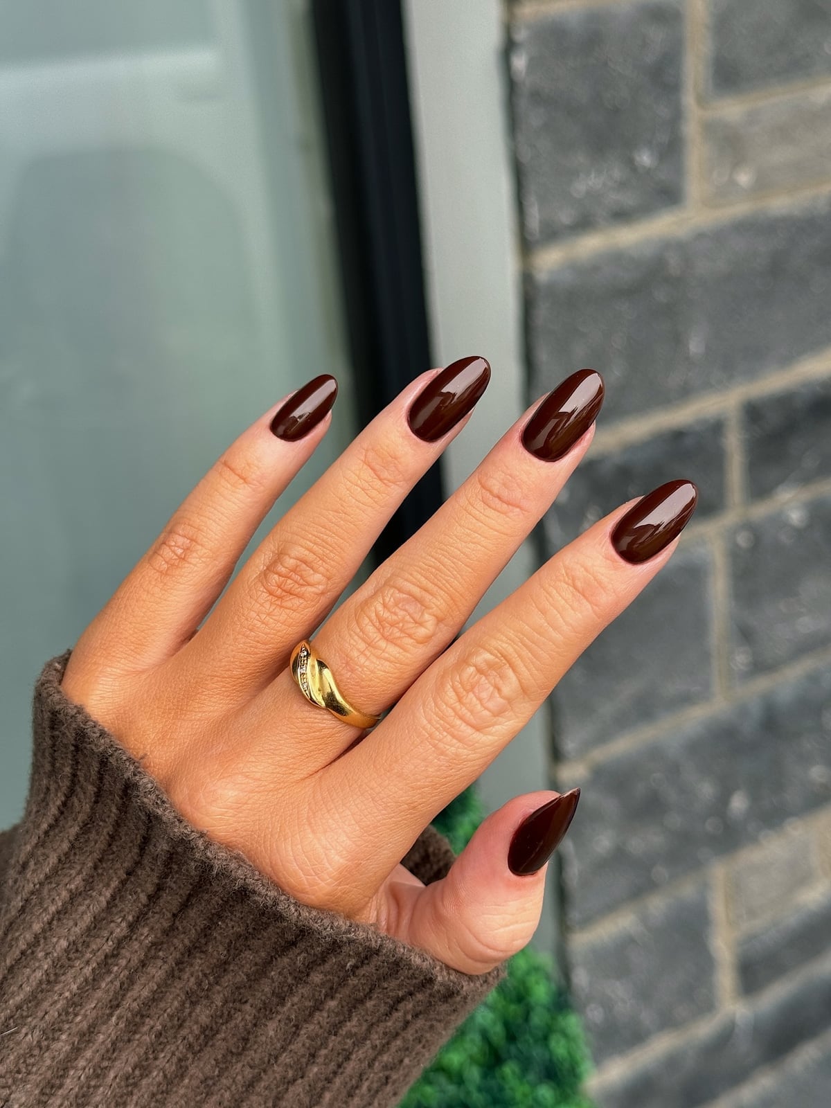 Deep Glossy Brown Almond Nails — Trendy Dark Nails