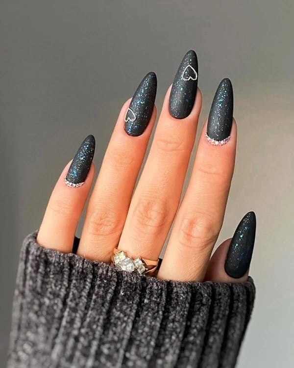 Matte Black with Blue Glitter and White Hearts — Trendy Dark Nails