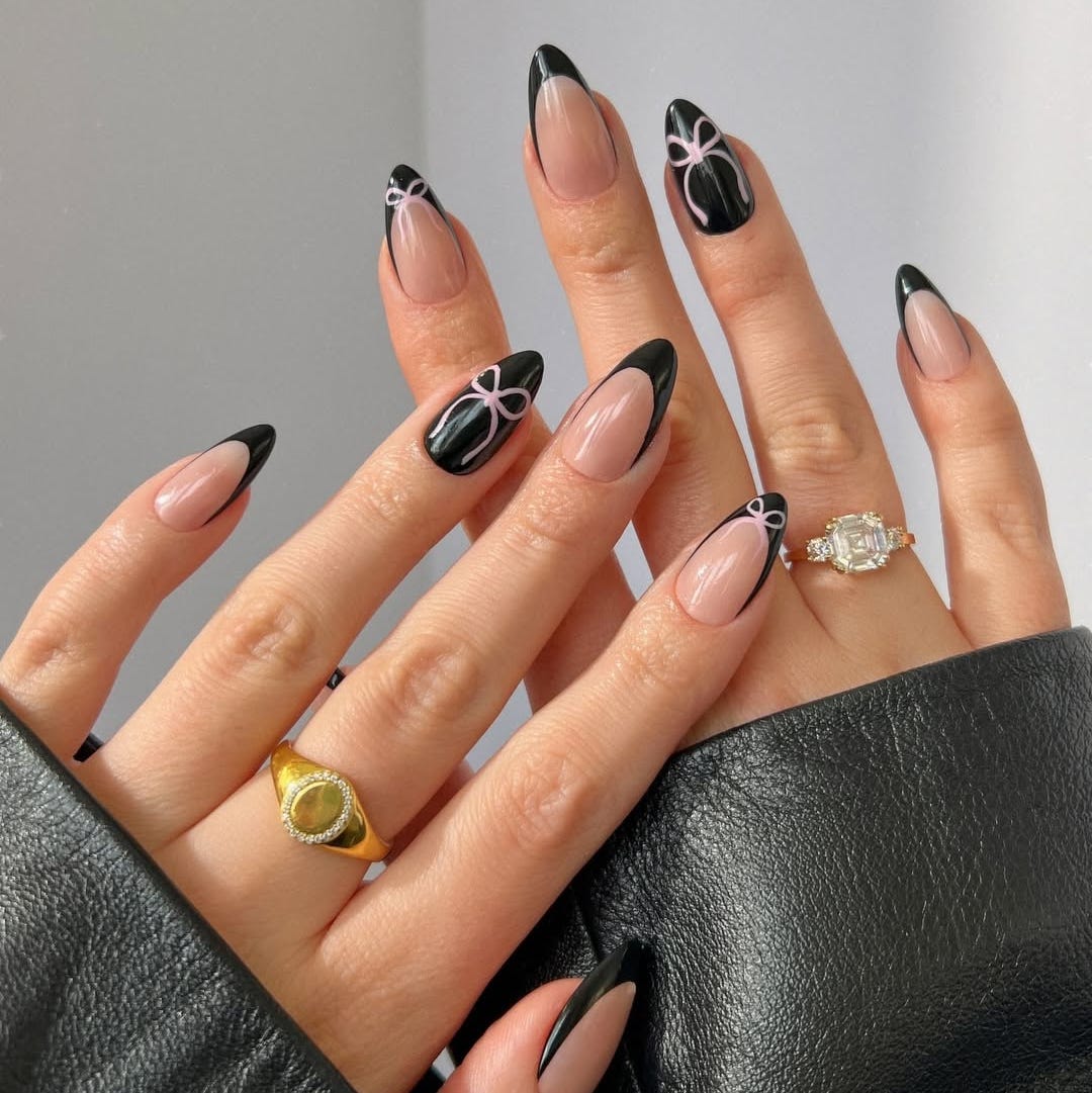 Black French Tip with Pink Bow Almond Nails — Trendy Dark Nails