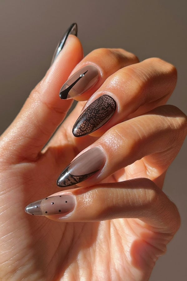 Sheer Nude with Black Lace Almond Nails — Trendy Dark Nails