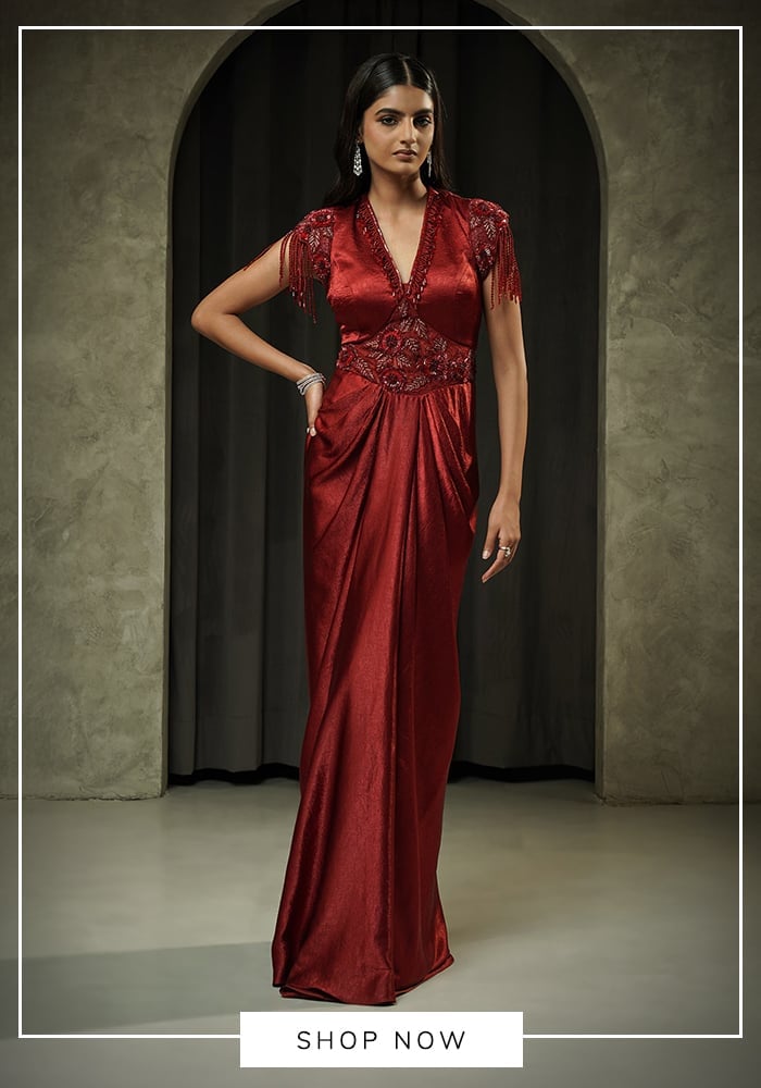Dark Red Satin Draped Column Dress with Beaded Fringe — Trendy Dark Red Dress