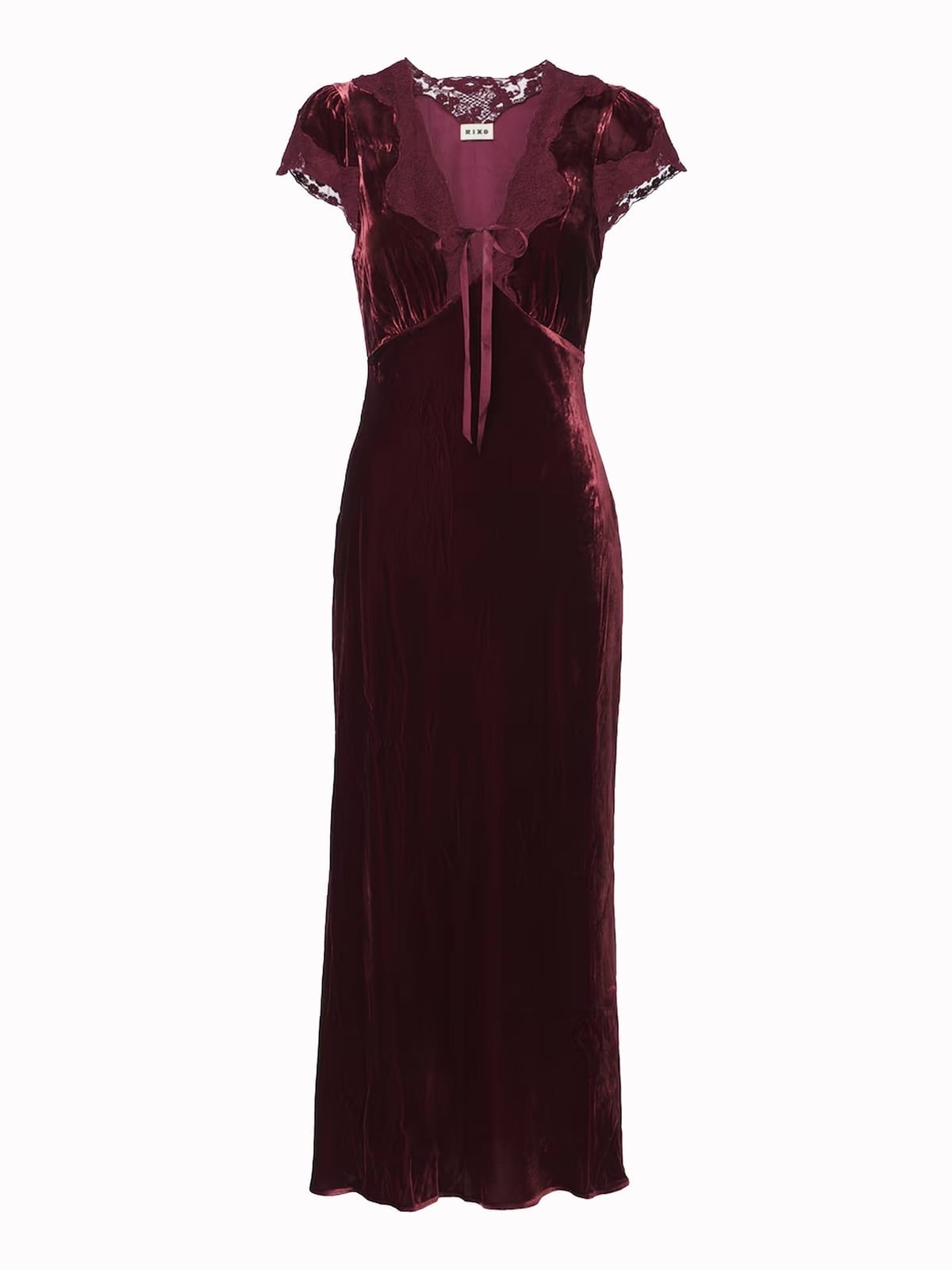 Fitted Dark Burgundy Velvet Midi Dress with Lace Trim — Trendy Dark Red Dress
