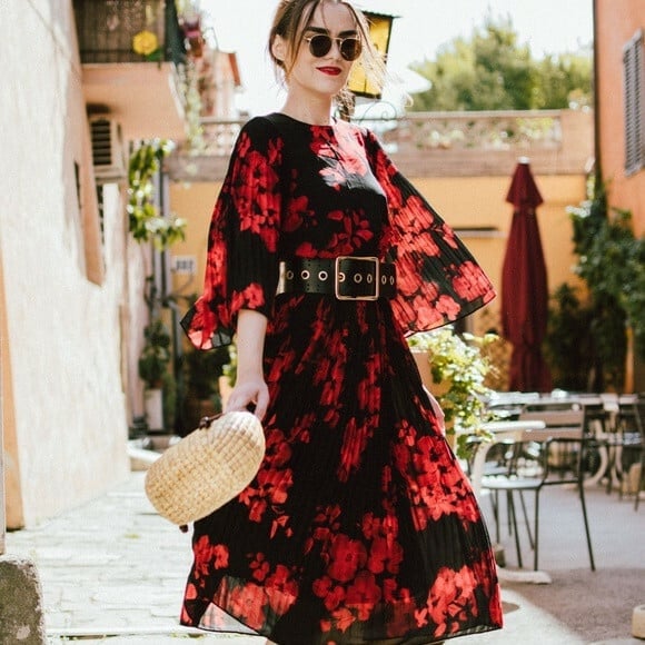 Black Floral Print Chiffon Midi Dress with Belt — Trendy Dark Red Dress