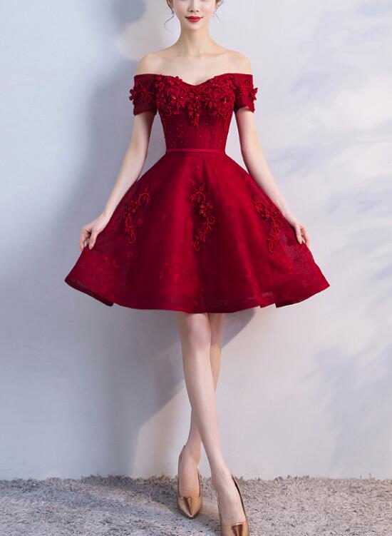 Dark Red Lace Off-the-Shoulder Party Dress — Trendy Dark Red Dress