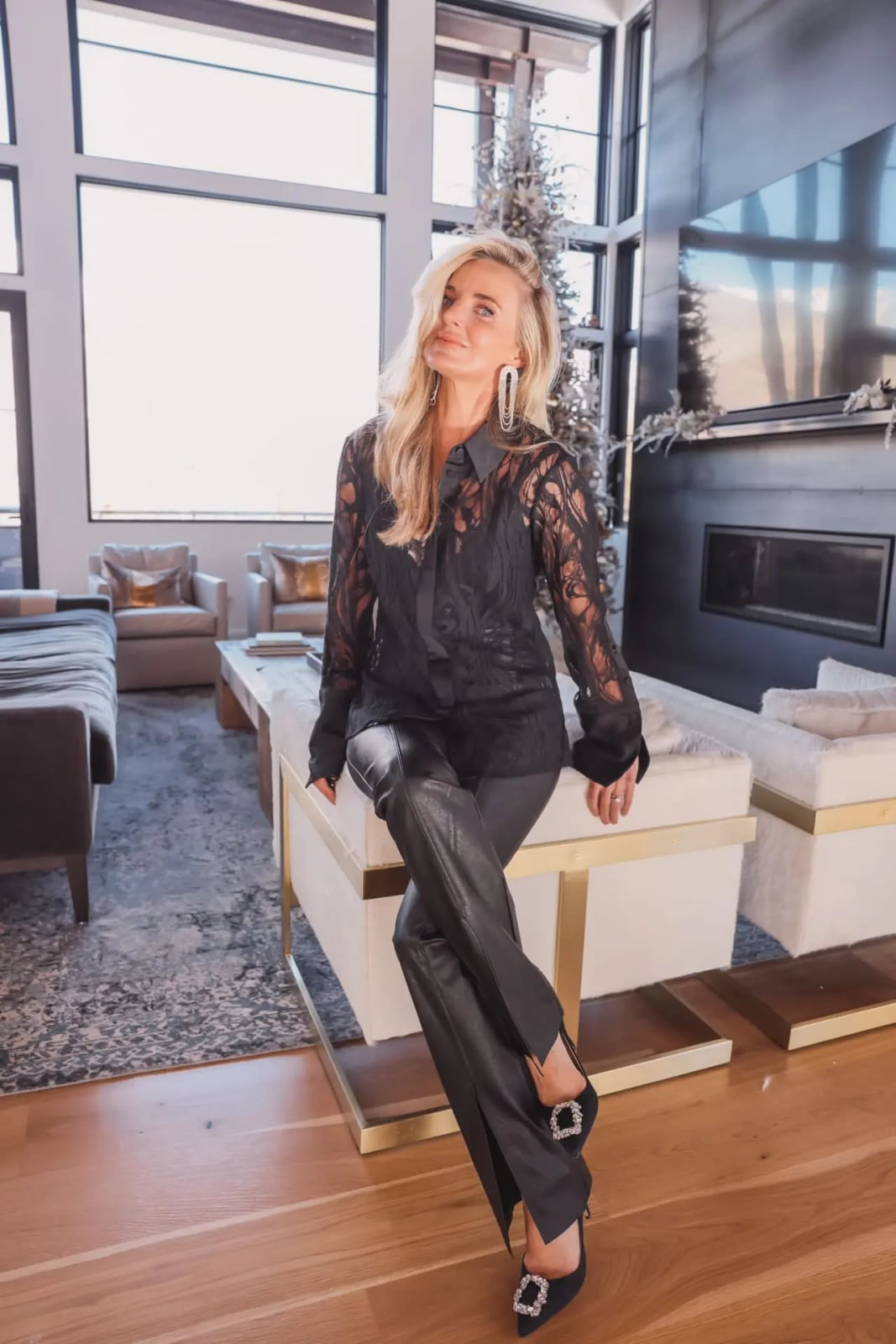 Black Lace Collared Shirt with Leather Trousers Black Lace Collared Shirt with Leather Trousers — Trendy Date Outfit