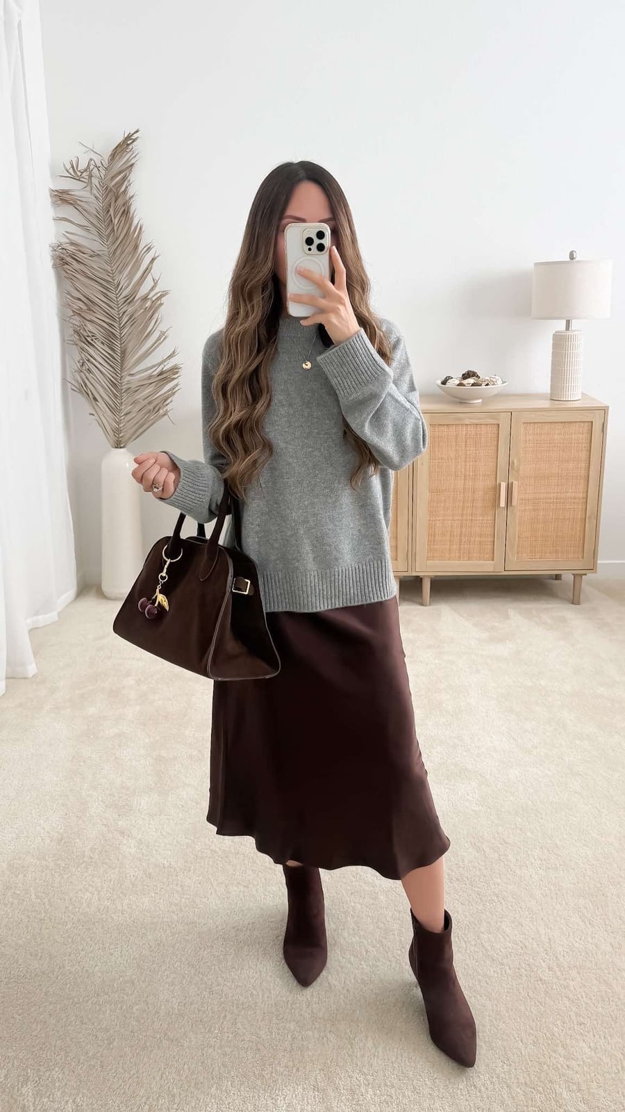Grey Crewneck Sweater with Brown Satin Slip Skirt Grey Crewneck Sweater with Brown Satin Slip Skirt — Trendy Date Outfit