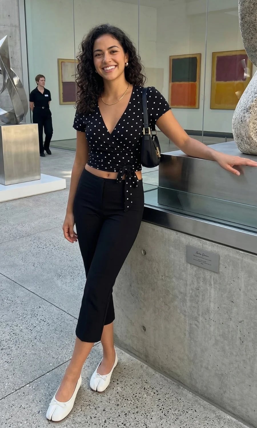 Polka Dot Wrap Top with Black Cropped Trousers Polka Dot Wrap Top with Black Cropped Trousers — Trendy Date Outfit