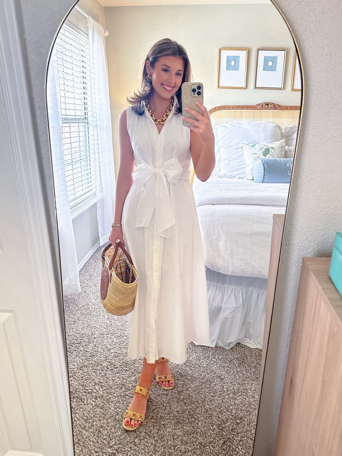 White Shirt Dress with Bow Belt and Flat Sandals White Shirt Dress with Bow Belt and Flat Sandals — Trendy Date Outfit