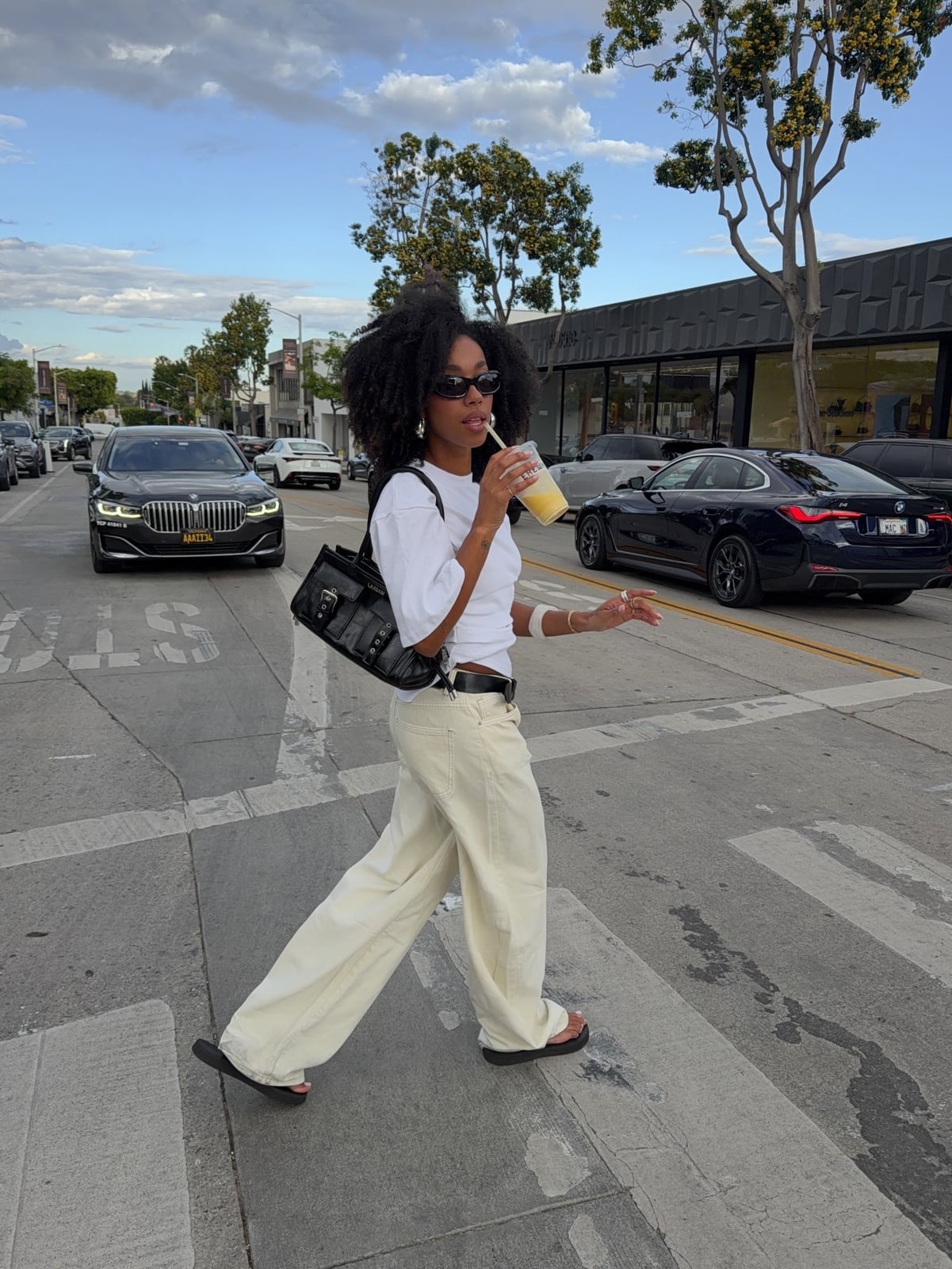 White T-Shirt with Cream Wide-Leg Trousers White T-Shirt with Cream Wide-Leg Trousers — Trendy Date Outfit
