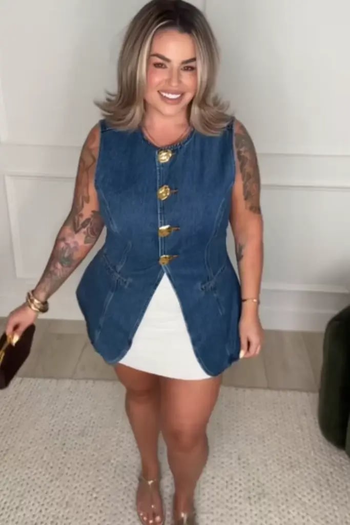 Blue Denim Vest Over White Mini Dress Blue Denim Vest Over White Mini Dress — Trendy Date Outfit