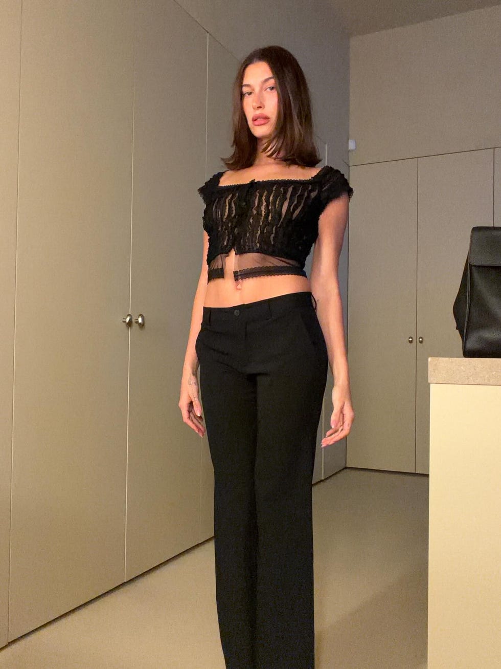 Sheer Black Off-The-Shoulder Top with Wide-Leg Trousers Sheer Black Off-The-Shoulder Top with Wide-Leg Trousers — Trendy Date Outfit