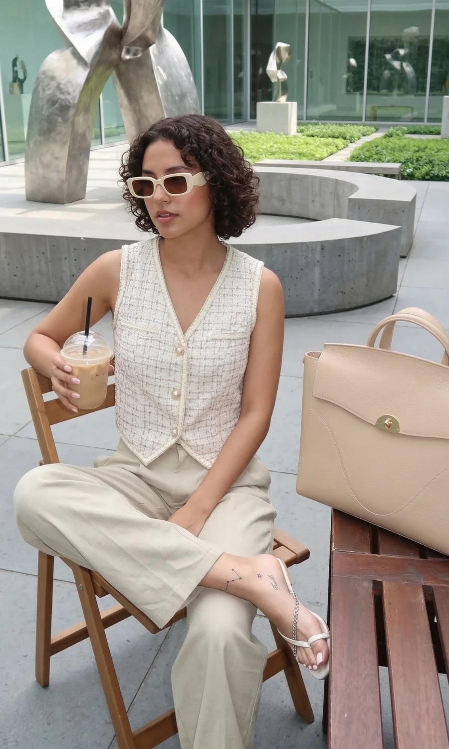 Cream Tweed Vest with Beige Linen Trousers Cream Tweed Vest with Beige Linen Trousers — Trendy Date Outfit