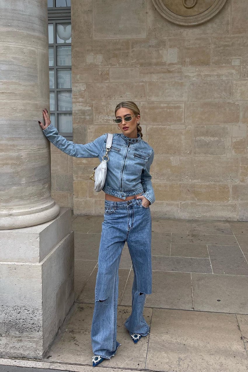 Cropped Denim Jacket with Ripped Wide-Leg Jeans Cropped Denim Jacket with Ripped Wide-Leg Jeans — Trendy Denim Jacket Outfits