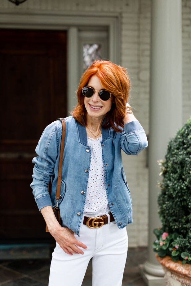 Light-wash Denim Bomber Jacket with Eyelet Top Light-wash Denim Bomber Jacket with Eyelet Top — Trendy Denim Jacket Outfits