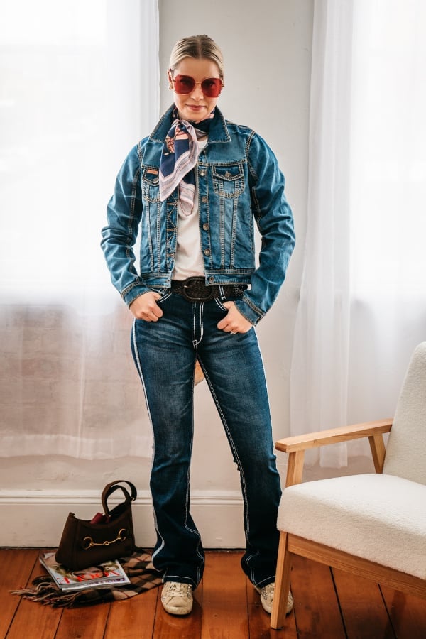 Dark Wash Denim Jacket with Bootcut Jeans and Scarf Dark Wash Denim Jacket with Bootcut Jeans and Scarf — Trendy Denim Jacket Outfits