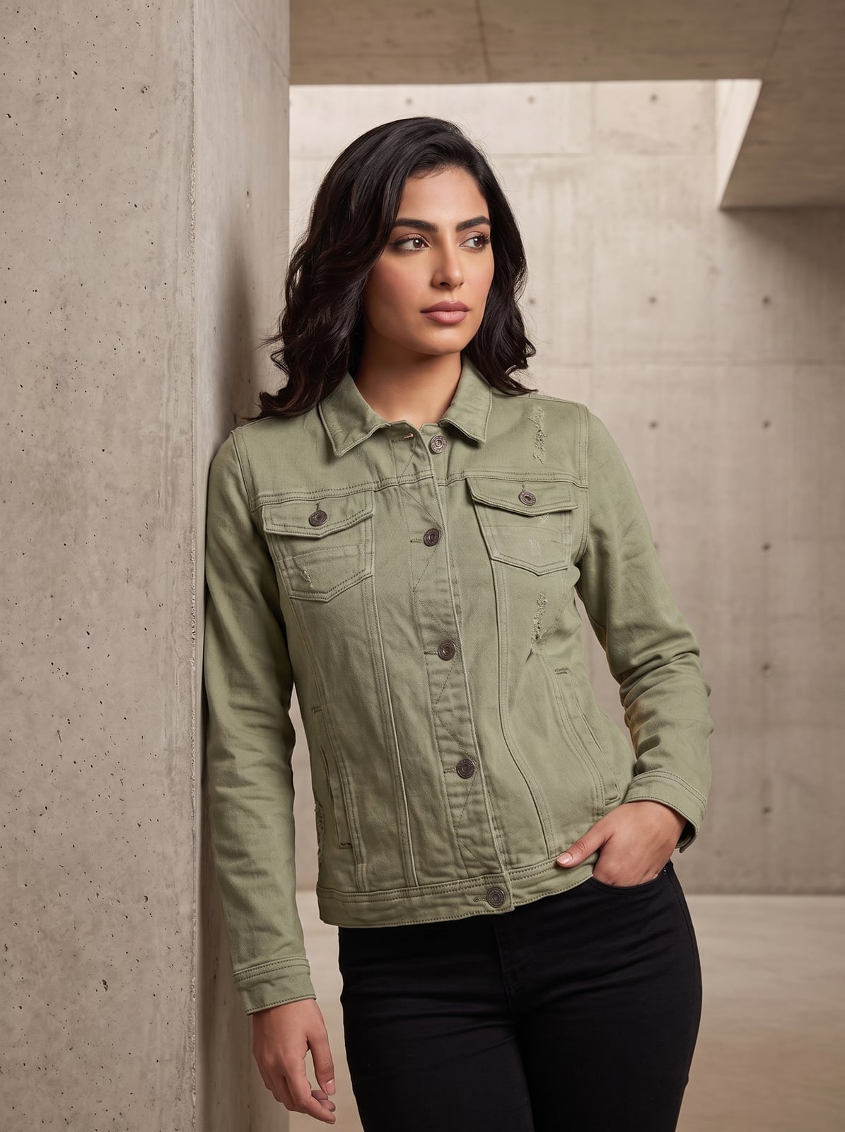 Sage Green Denim Jacket with Distressed Details Sage Green Denim Jacket with Distressed Details — Trendy Denim Jacket Outfits