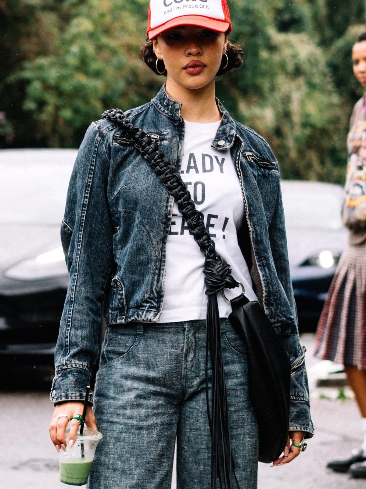 Distressed Denim Jacket with Grey Jeans and Red Cap Distressed Denim Jacket with Grey Jeans and Red Cap — Trendy Denim Jacket Outfits