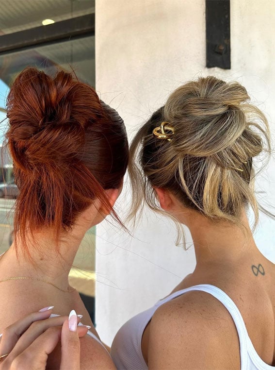 Textured Messy Buns With Copper and Dirty Blonde Textured Messy Buns With Copper and Dirty Blonde — Trendy Dirty Hair Hairstyles