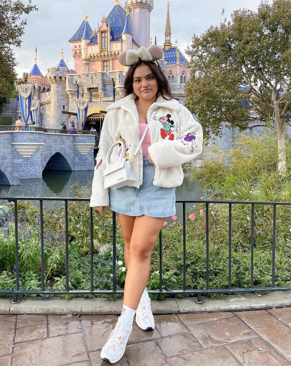 Disney Character Fluffy Jacket with Denim Mini Skirt — Trendy Disney Outfits