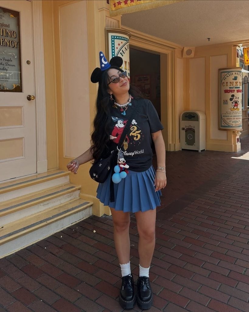 Mickey Mouse Graphic Tee with Blue Pleated Mini Skirt — Trendy Disney Outfits