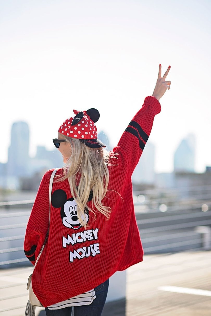 Red Mickey Mouse Sweater with Denim Jeans — Trendy Disney Outfits