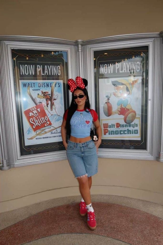 Red Cropped Graphic T-Shirt with Denim Shorts — Trendy Disney Outfits