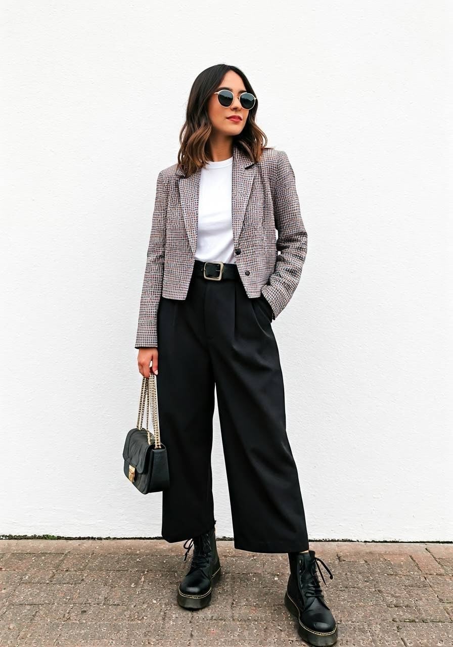Plaid Blazer with Doc Martens and Wide Leg Trousers Plaid Blazer with Doc Martens and Wide Leg Trousers — Trendy Doc Martens Outfits