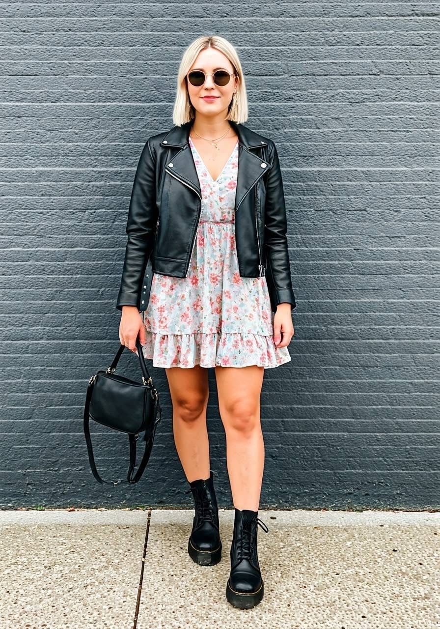 Floral Mini Dress with Moto Jacket and Platform Boots Floral Mini Dress with Moto Jacket and Platform Boots — Trendy Doc Martens Outfits