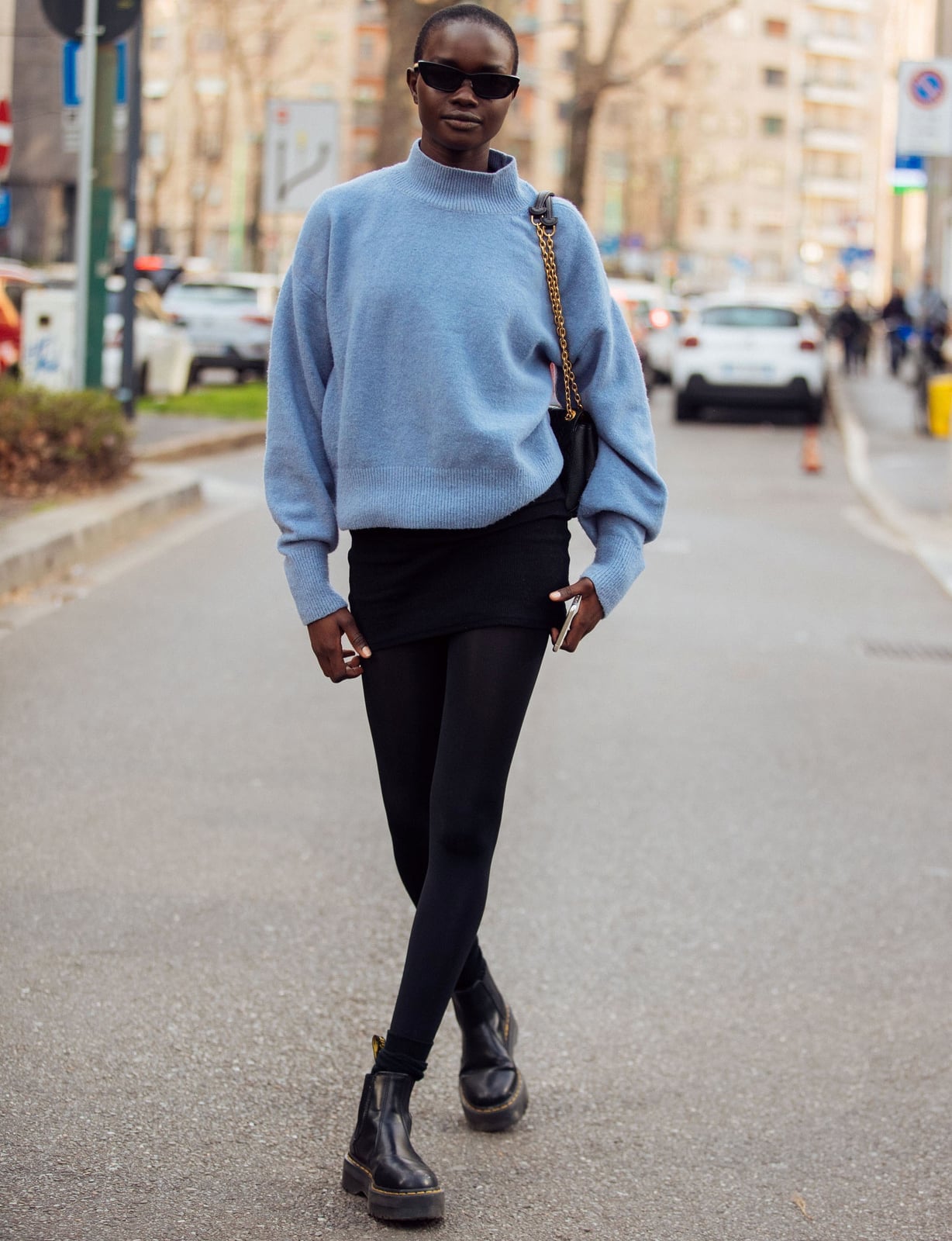 Light Blue Sweater with Doc Martens and Black Mini Skirt Light Blue Sweater with Doc Martens and Black Mini Skirt — Trendy Doc Martens Outfits