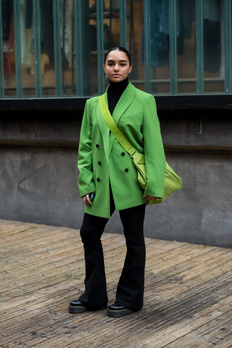 Bright Green Blazer with Flare Pants and Platform Boots Bright Green Blazer with Flare Pants and Platform Boots — Trendy Doc Martens Outfits