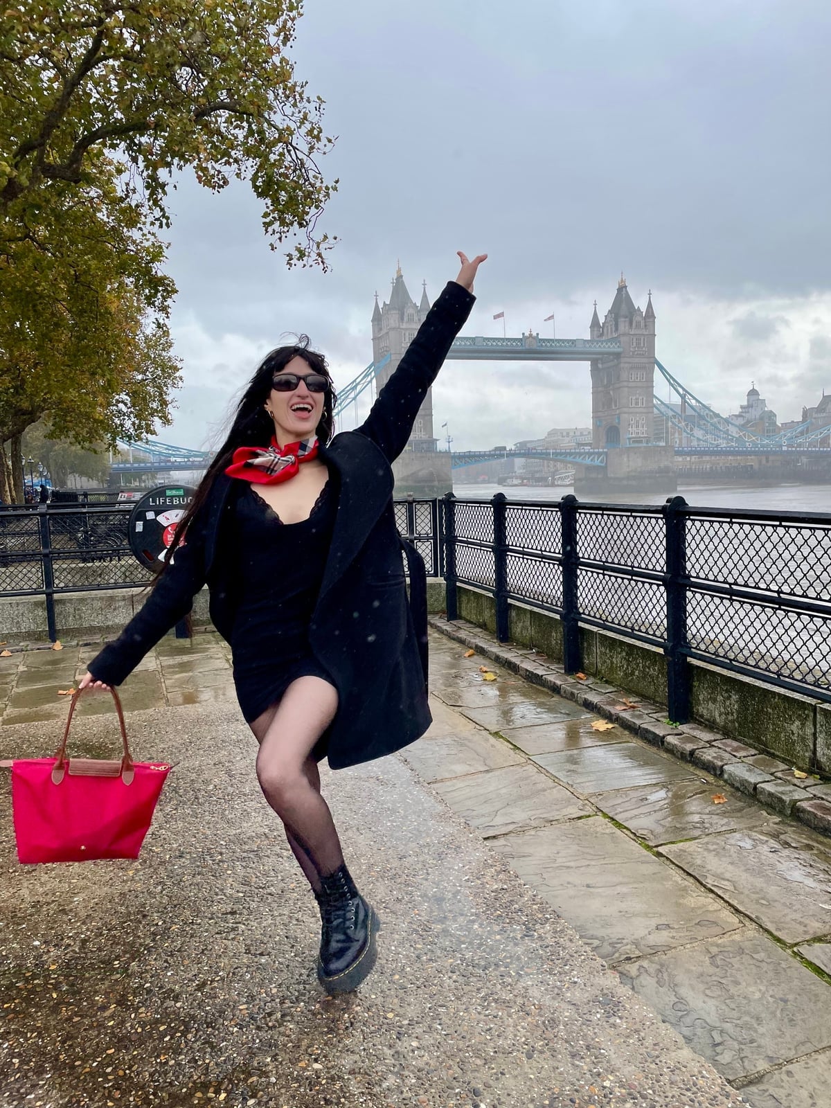 Black Dress and Coat with Red Accessories and Platform Boots Black Dress and Coat with Red Accessories and Platform Boots — Trendy Doc Martens Outfits