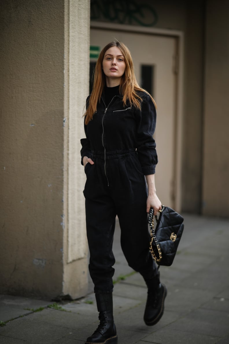 Denim Jumpsuit with Doc Martens and Turtleneck Denim Jumpsuit with Doc Martens and Turtleneck — Trendy Doc Martens Outfits