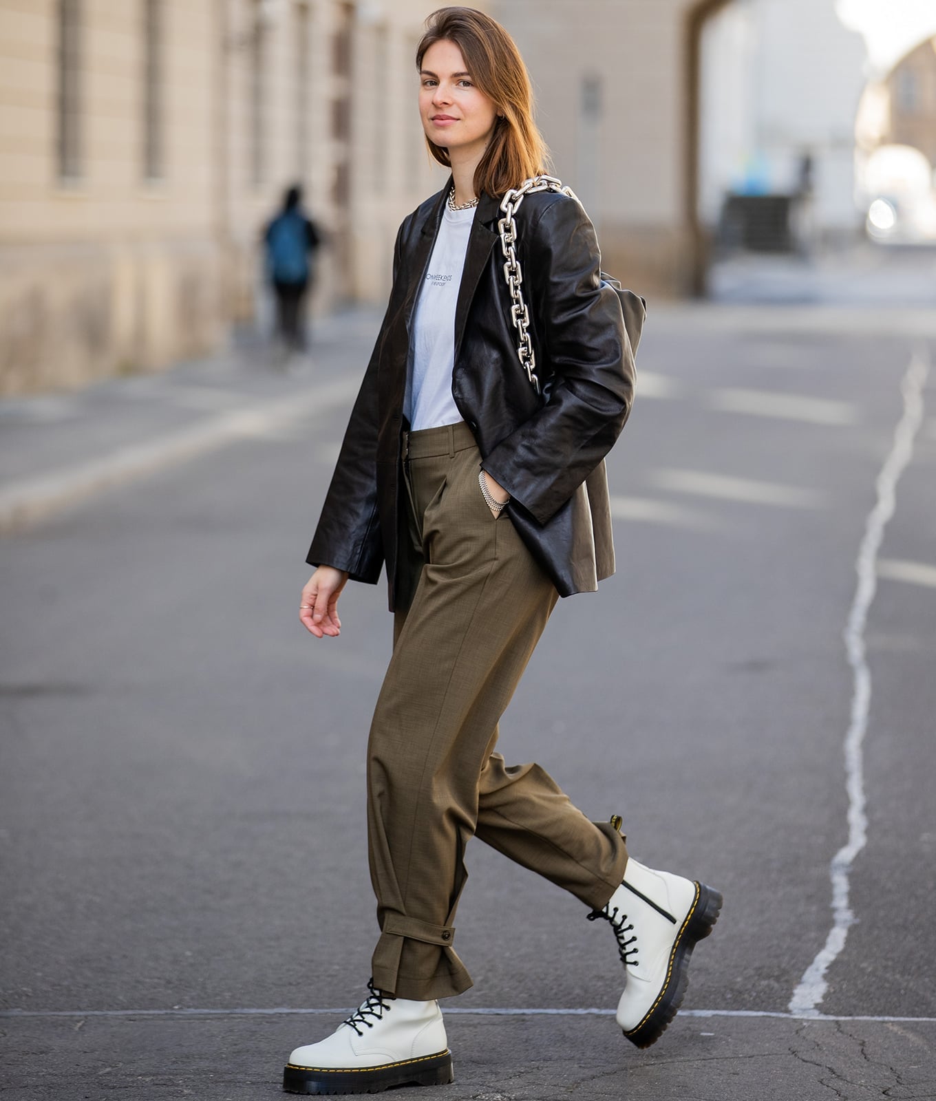 White Chunky Doc Martens with Olive Trousers and Black Blazer White Chunky Doc Martens with Olive Trousers and Black Blazer — Trendy Doc Martens Outfits