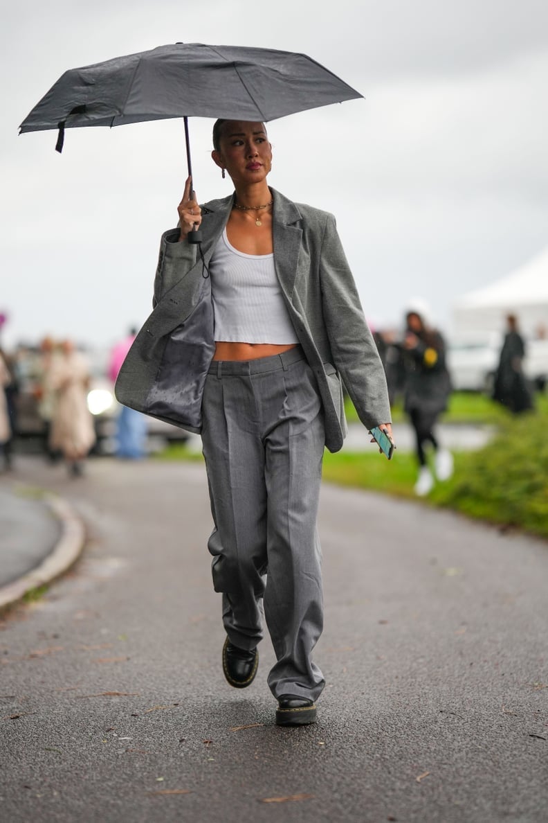 Grey Wide Leg Trousers with Doc Martens and Oversized Blazer Grey Wide Leg Trousers with Doc Martens and Oversized Blazer — Trendy Doc Martens Outfits