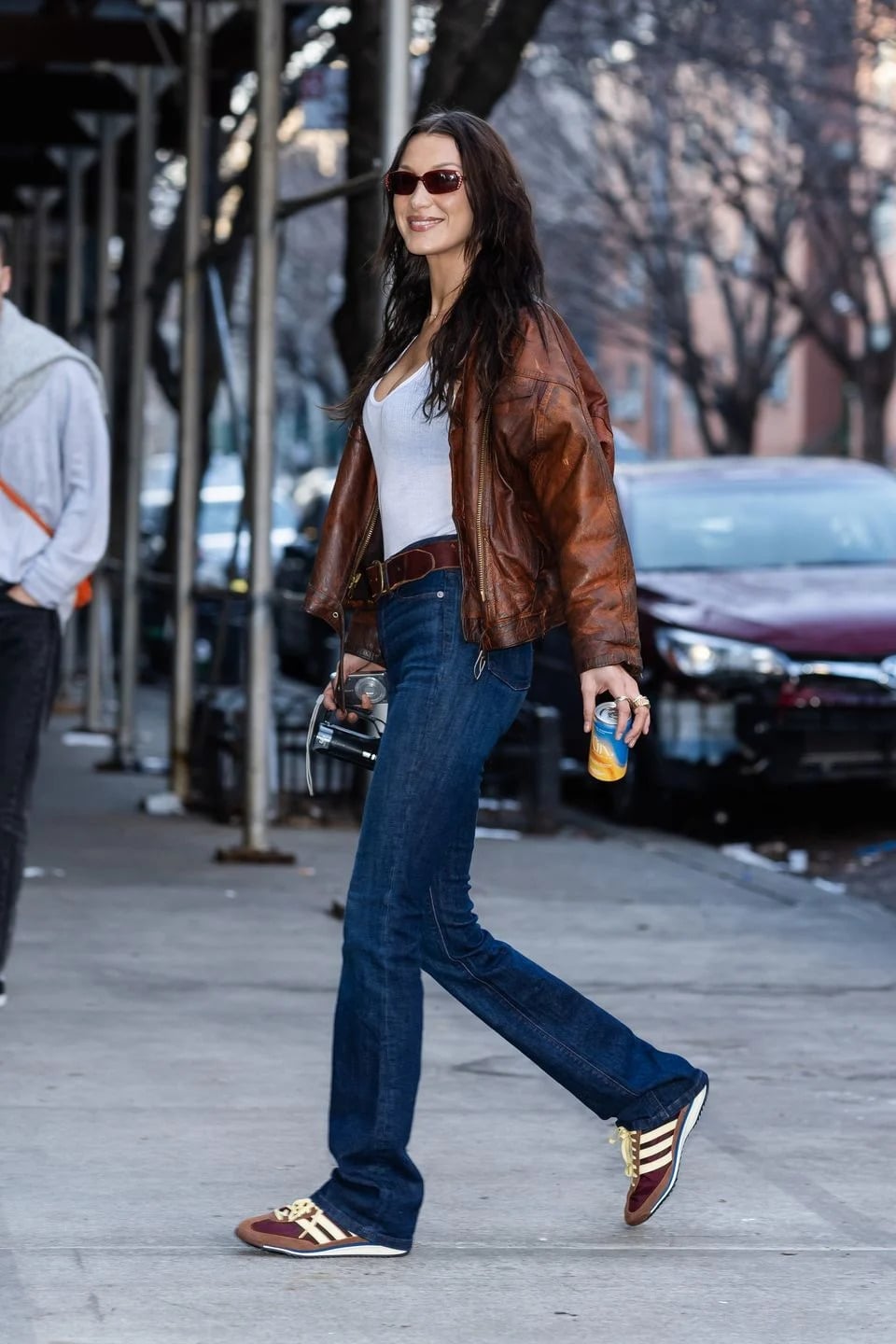 Leather Jacket with Bootcut Jeans and Striped Sneakers Leather Jacket with Bootcut Jeans and Striped Sneakers — Trendy Downtown Girl Outfits