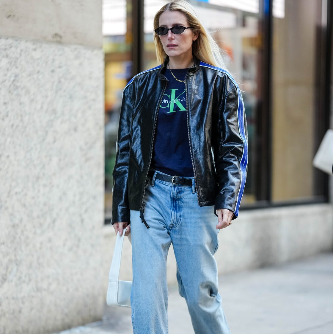 Leather Jacket with Racing Stripes and Wide-Leg Jeans Leather Jacket with Racing Stripes and Wide-Leg Jeans — Trendy Downtown Girl Outfits