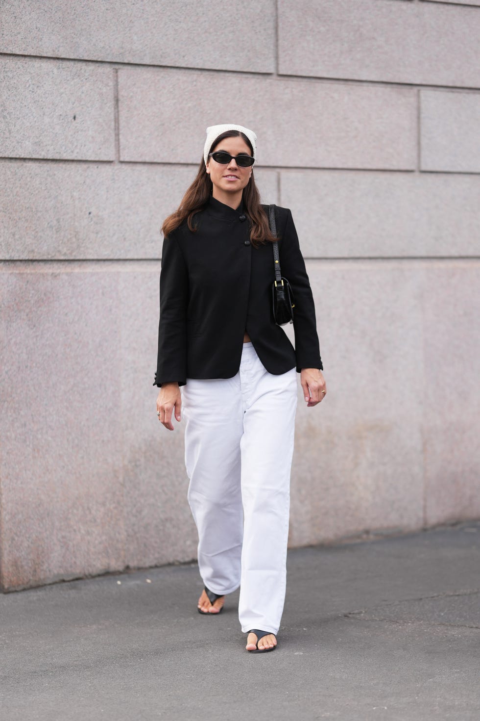 Black Blazer with Bandana and Wide-Leg Trousers, Office-Safe Version Black Blazer with Bandana and Wide-Leg Trousers, Office-Safe Version — Trendy Downtown Girl Outfits
