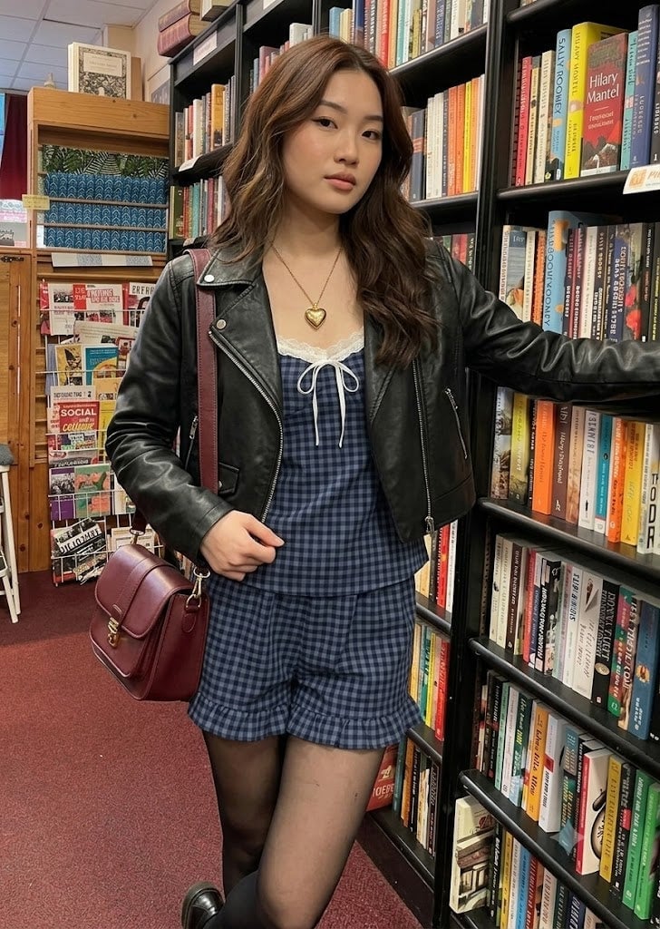 Leather Jacket with Camisole and Gingham Shorts Set Leather Jacket with Camisole and Gingham Shorts Set — Trendy Downtown Girl Outfits