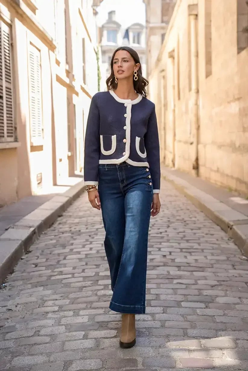 Cardigan with Contrasting Trim and Wide-Leg Jeans Cardigan with Contrasting Trim and Wide-Leg Jeans — Trendy Downtown Girl Outfits