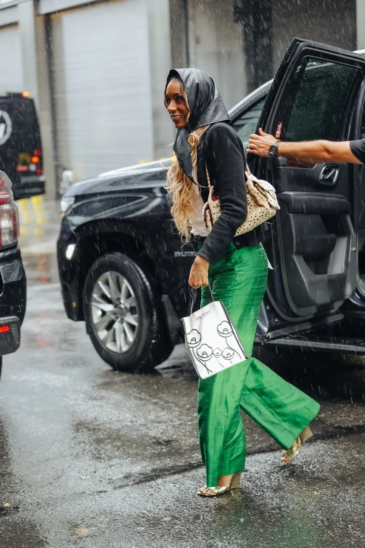 Green Satin Pants with Hooded Jacket and Heeled Sandals Green Satin Pants with Hooded Jacket and Heeled Sandals — Trendy Downtown Girl Outfits