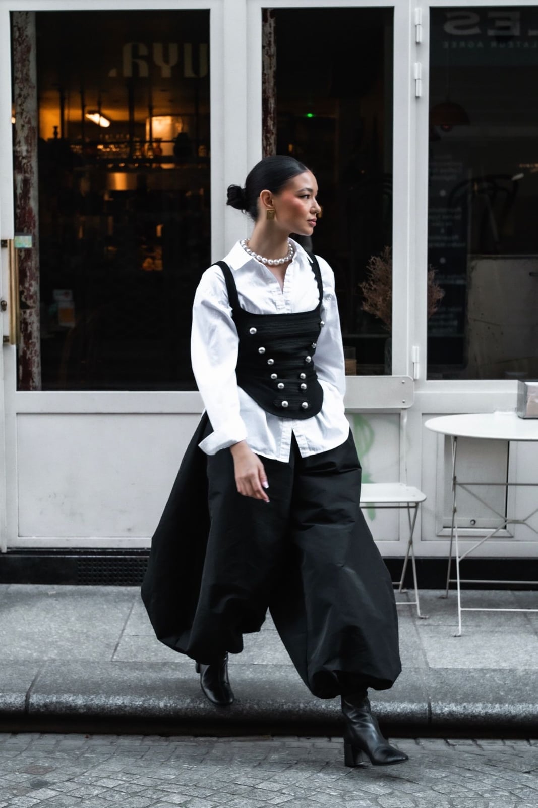 Corset Vest with Balloon Pants and Button-Down, Office-Safe Version Corset Vest with Balloon Pants and Button-Down, Office-Safe Version — Trendy Downtown Girl Outfits