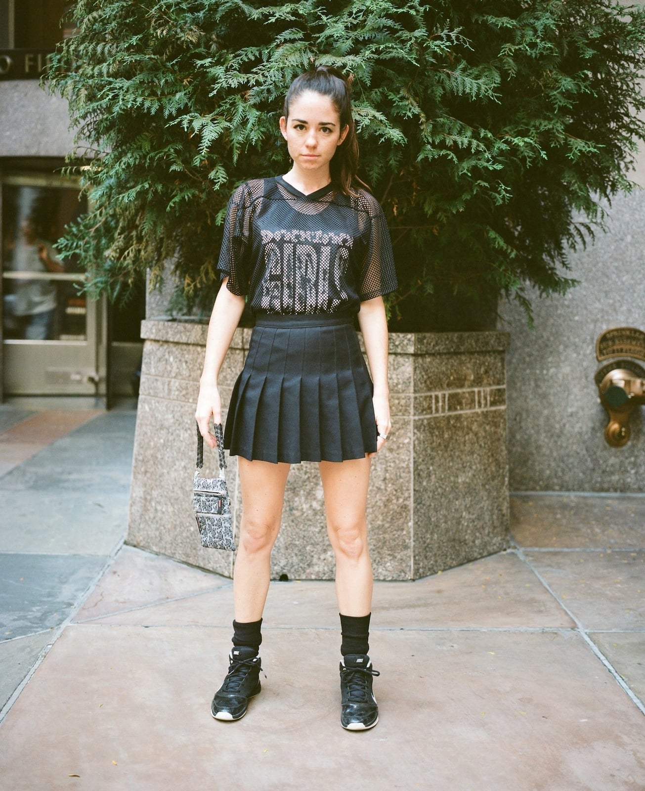 Mesh T-Shirt with Pleated Mini Skirt and Sneakers Mesh T-Shirt with Pleated Mini Skirt and Sneakers — Trendy Downtown Girl Outfits